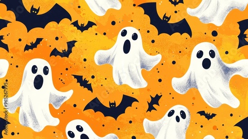 Conceptual image of a Halloween pattern featuring playful ghosts, spooky eyes, and bats in a whimsical, cartoonish style. photo