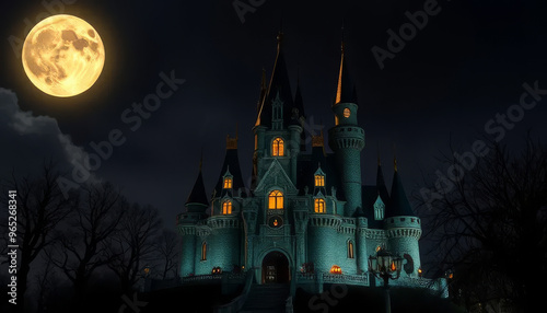 A castle with a large moon in the background