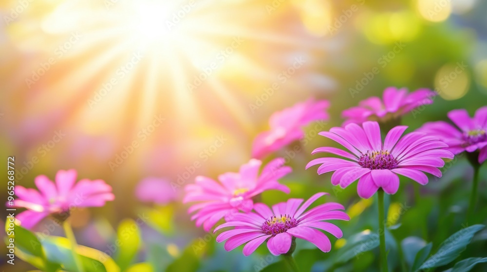 Fototapeta premium Morning glow on vibrant pink daisies in sunlit garden
