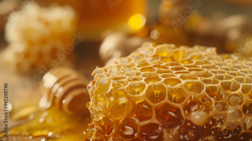 Close-up of honeycomb with natural honey jar and attractive gin on rustic table