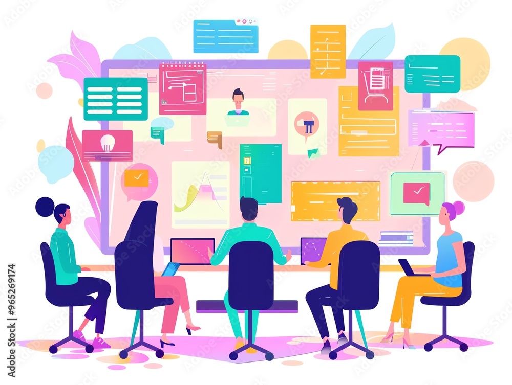 Online communication tools for teams, collaborative work, flat design illustration