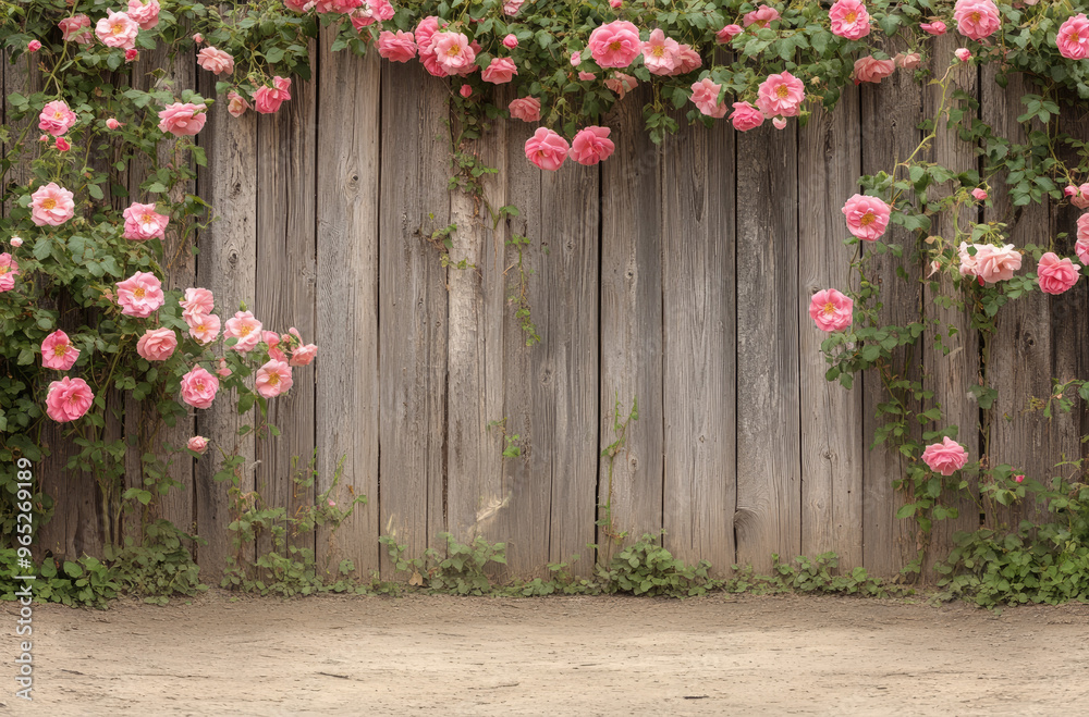Naklejka premium Rustic wooden fence with climbing roses and a quaint countryside feel