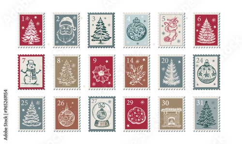 Christmas Stamps, mail, Advent calendar, postcard hand drawn illustrations.	
