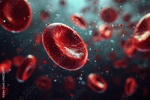 Nano plastic in bloodstream, Red blood cell with nano plastic pollution, red blood cell in contaminated bloodstream, red blood cell showing environmental health risk