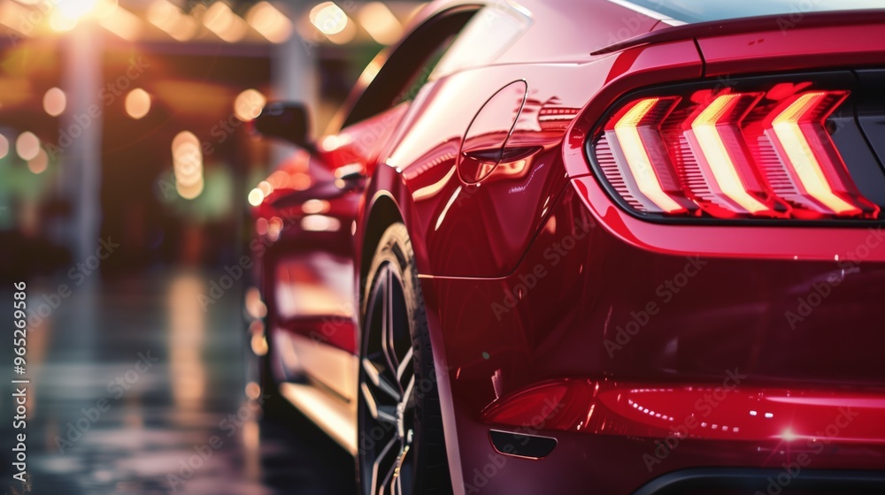Sleek Red Sports Car with Modern Tail Lights in an Urban Setting at Sunset Sleek Red Sports Car with Modern Tail Lights in an Urban Setting at Sunset