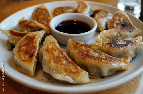 A plate of Korean mandu pan-fried dumplings filled with savory ingredients photo