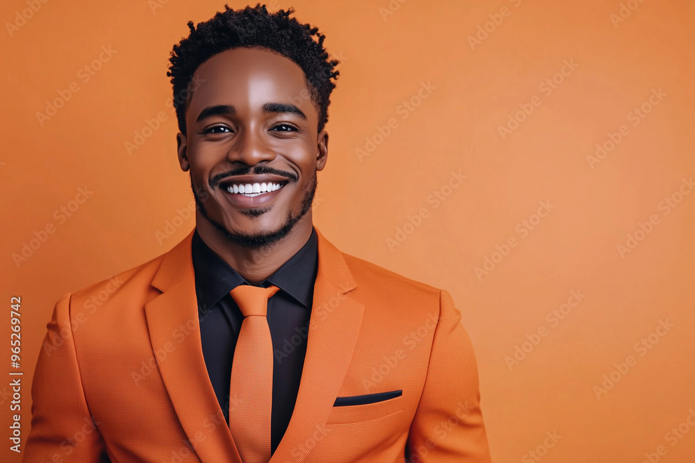 Obraz premium man in an orange suit and tie is smiling and looking at the camera. The orange background adds a pop of color to the scene, making it feel cheerful and lively