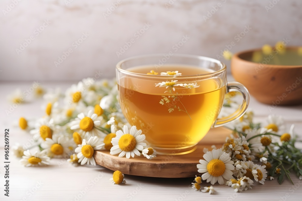 Herbal tea with chamomile flowers on rustic wooden surface
Herbal tea with chamomile flowers on rustic wooden surface