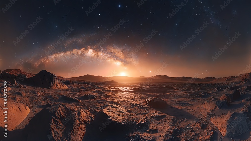 Fototapeta premium A panoramic view of Mars under a starry galaxy, cosmic dust visible in the Martian sky Mars Stars Galaxy, interstellar panorama