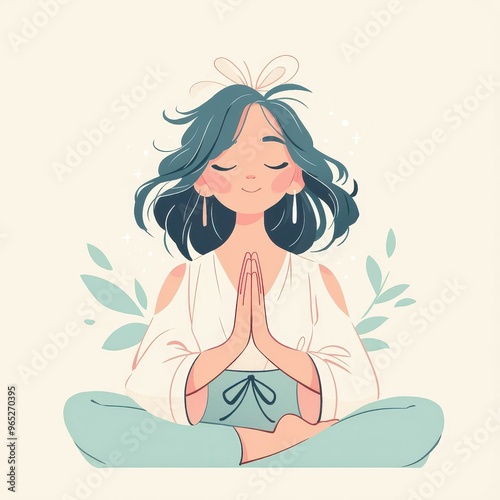 Cartoon illustration of a woman with a calm expression, sitting cross-legged and meditating peacefully, promoting inner balance.