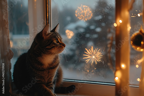 Cat Enjoying Winter Fireworks by a Festive Window photo