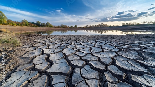 A dried-up lakebed surrounded by cracked soil, emphasizing the impact of severe droughts and water scarcity caused by the shifting climate patterns and global warming. photo