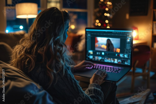 Young girl enthusiastically editing photos on her laptop in a cozy evening setting photo