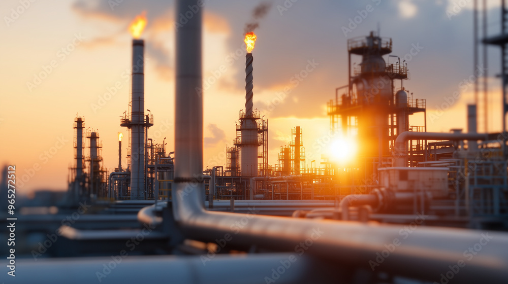 A panoramic view of an oil refinery at sunlight, showcasing extensive equipment and tanks, high resolution, high-quality textures, high-details, high definition, A panoramic view of an oil refinery at sunlight, showcasing extensive equipment and tanks, high resolution, high-quality textures, high-details, high definition,