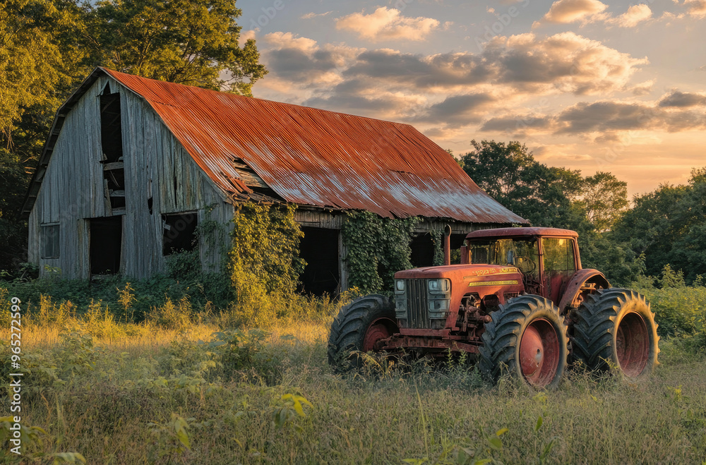 Fototapeta premium Abandoned barn swallowed by weeds with a sagging roof and rustic charm