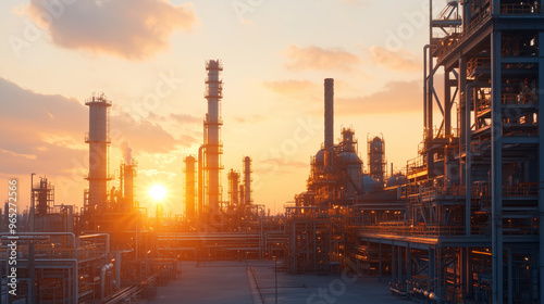 A panoramic view of an oil refinery at sunlight, showcasing extensive equipment and tanks, high resolution, high-quality textures, high-details, high definition,