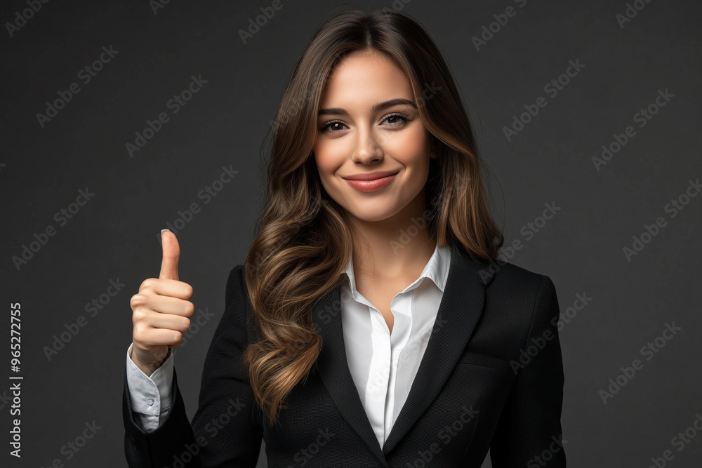 woman in a business suit is giving a thumbs up. She is smiling and she is happy woman in a business suit is giving a thumbs up. She is smiling and she is happy