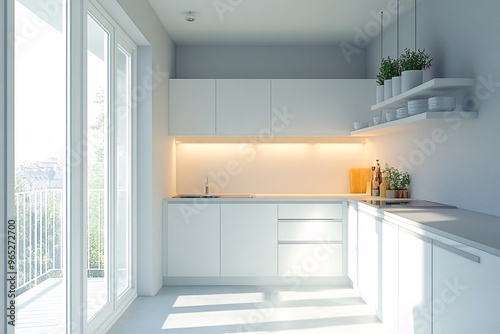 Modern White Kitchen Interior Design with Balcony View