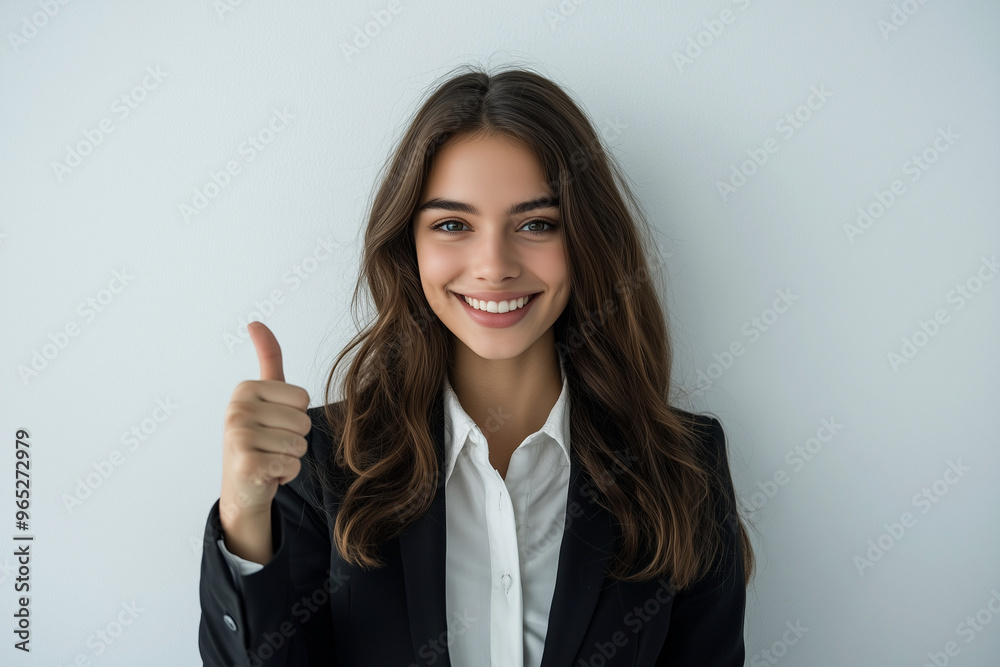 woman in a business suit is smiling and giving a thumbs up. The image conveys a positive and confident mood, suggesting that the woman is happy and proud of her work or accomplishment woman in a business suit is smiling and giving a thumbs up. The image conveys a positive and confident mood, suggesting that the woman is happy and proud of her work or accomplishment