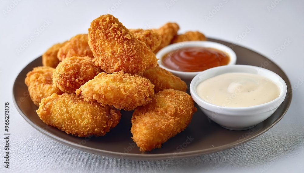 Closeup of crispy fried chicken bites with dipping sauce Closeup of crispy fried chicken bites with dipping sauce