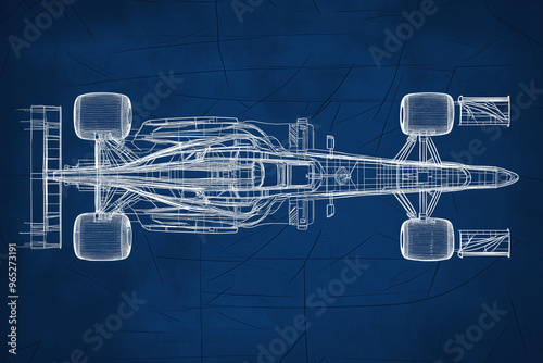 A blue and white drawing of a race car with a blue background