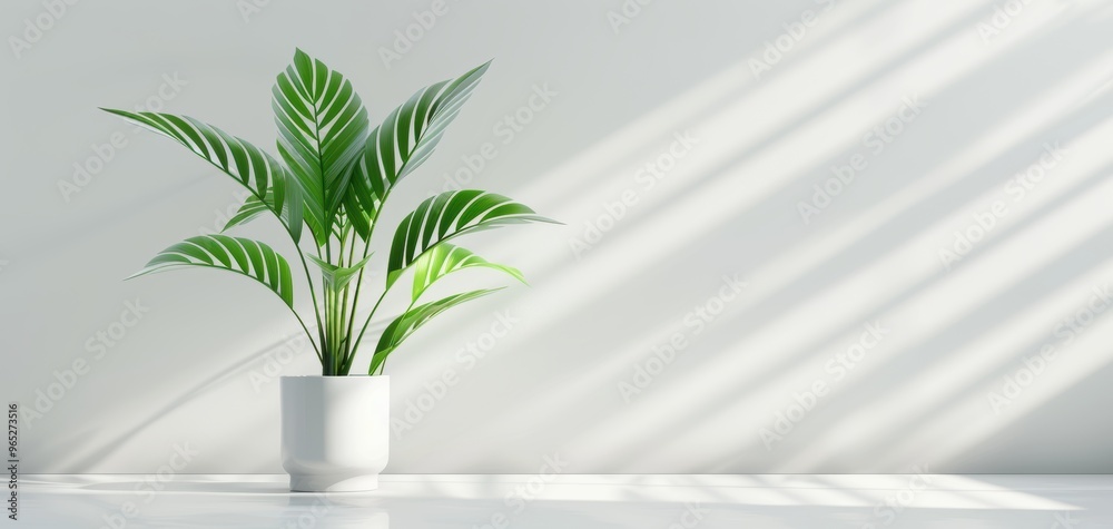 A vibrant green plant in a white pot, adding freshness to a minimalistic interior with soft natural light and clean lines. A vibrant green plant in a white pot, adding freshness to a minimalistic interior with soft natural light and clean lines.