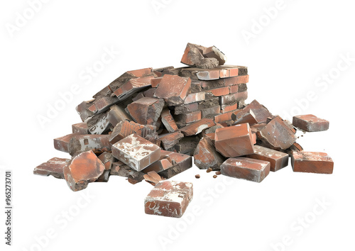 Pile of broken bricks and rubble from a construction site, demolition debris. Isolated on a transparent background
