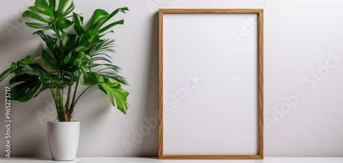 A minimalistic setup featuring an empty frame beside a lush green plant, perfect for interior decor inspiration.