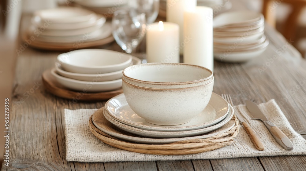 Elegant Table Setting with White Dishes on Wooden Table. Elegant Table Setting with White Dishes on Wooden Table.