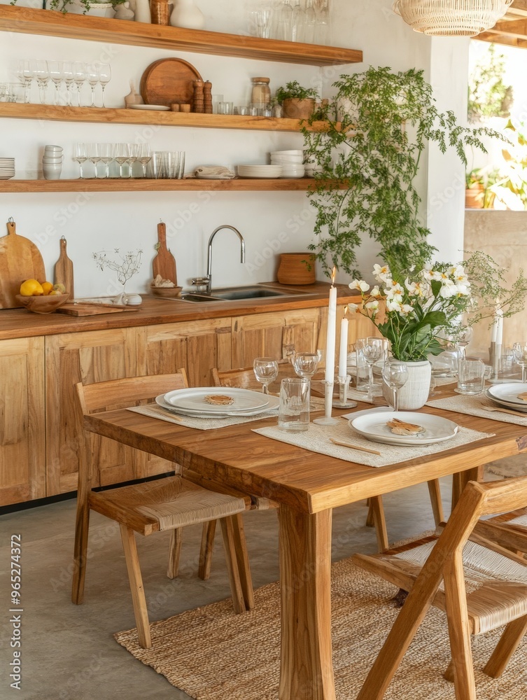 Modern Kitchen Dining Area With Wooden Table and Chairs. Modern Kitchen Dining Area With Wooden Table and Chairs.