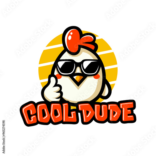 Cool dude chicken with glasses cartoon illustration flat design, The design is vibrant, fun, and suitable for children's apparel