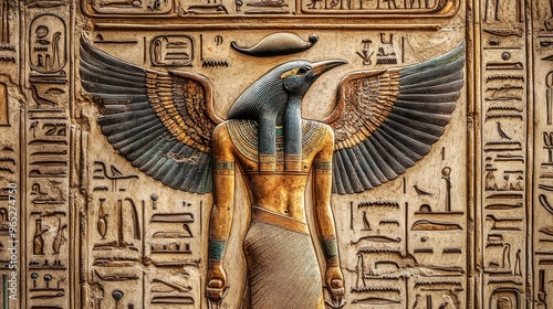 Detailed depiction of an ancient Egyptian temple wall showcasing the Ibis-headed god Thoth. photo