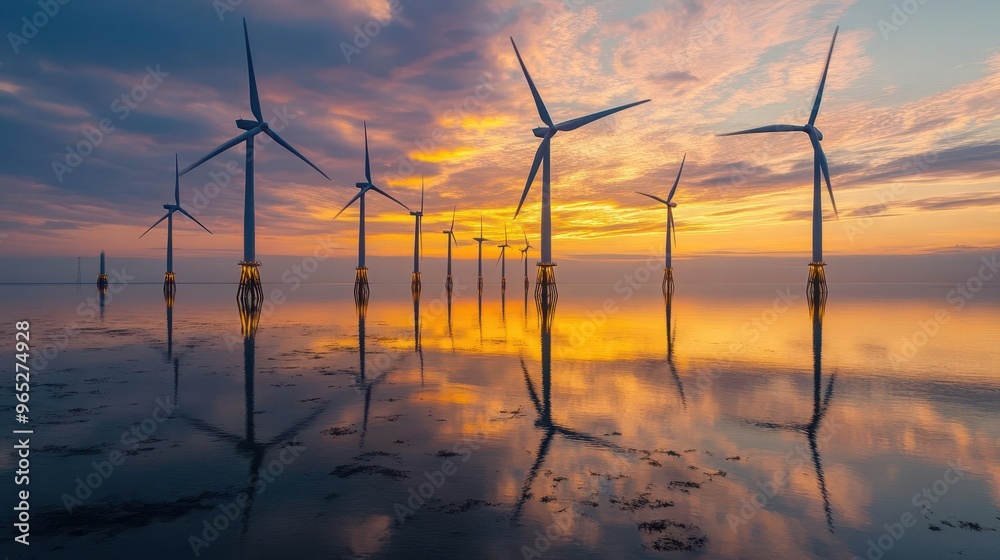 Sunset reflecting on wind turbines in shallow coastal waters, calm and golden, a serene image of renewable energy Sunset reflecting on wind turbines in shallow coastal waters, calm and golden, a serene image of renewable energy