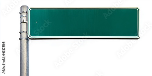 Empty blank green road sign on a sturdy metal pole isolated on white background