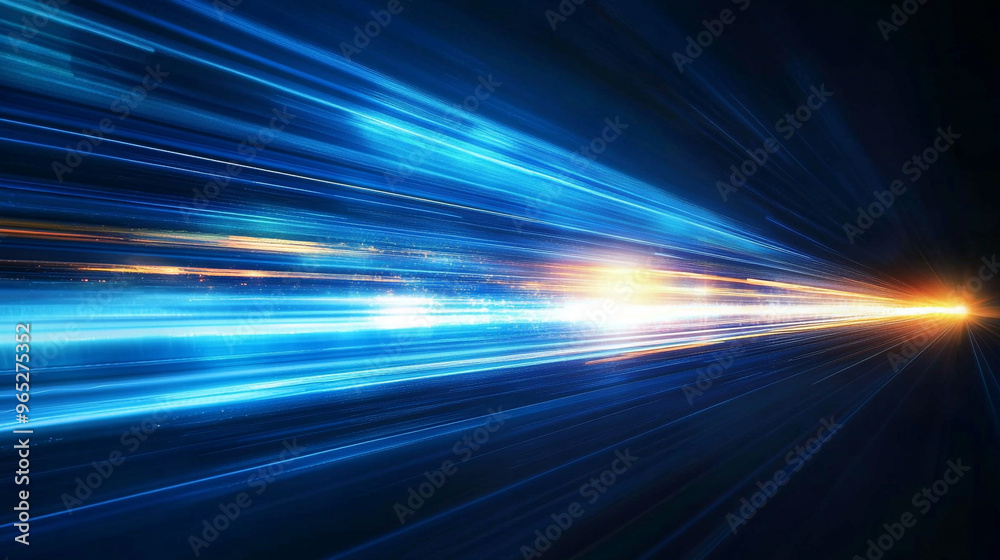 Obraz premium Abstract technology glowing futuristic blue light lines with speed motion blur effect on dark blue background. 