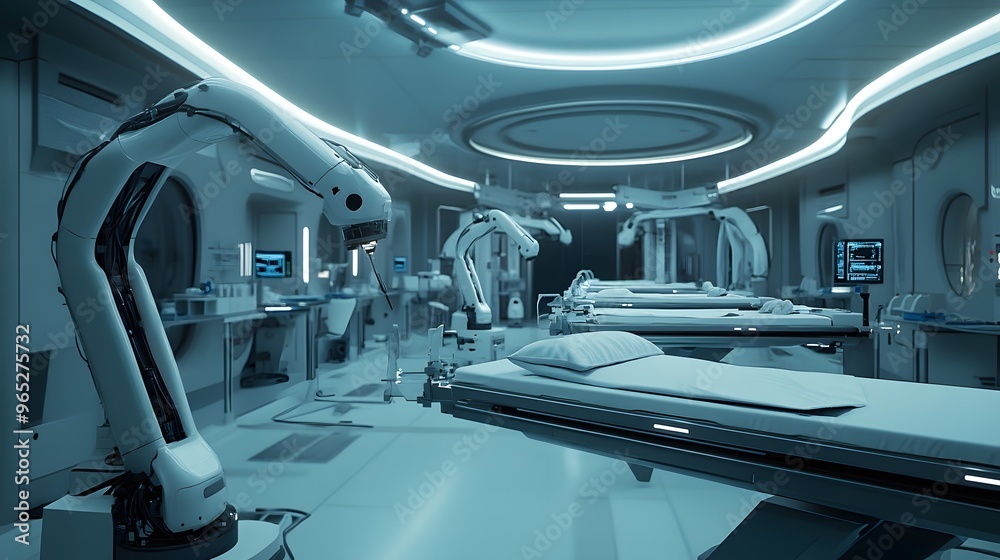 Obraz premium A high-tech medical research facility where AI and robotics are used to develop advanced treatments