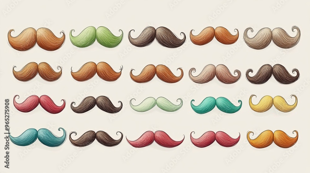Vibrant depiction of 12 unique mustache styles, featuring everything from traditional handlebar to whimsical designs, set against a neutral backdrop.