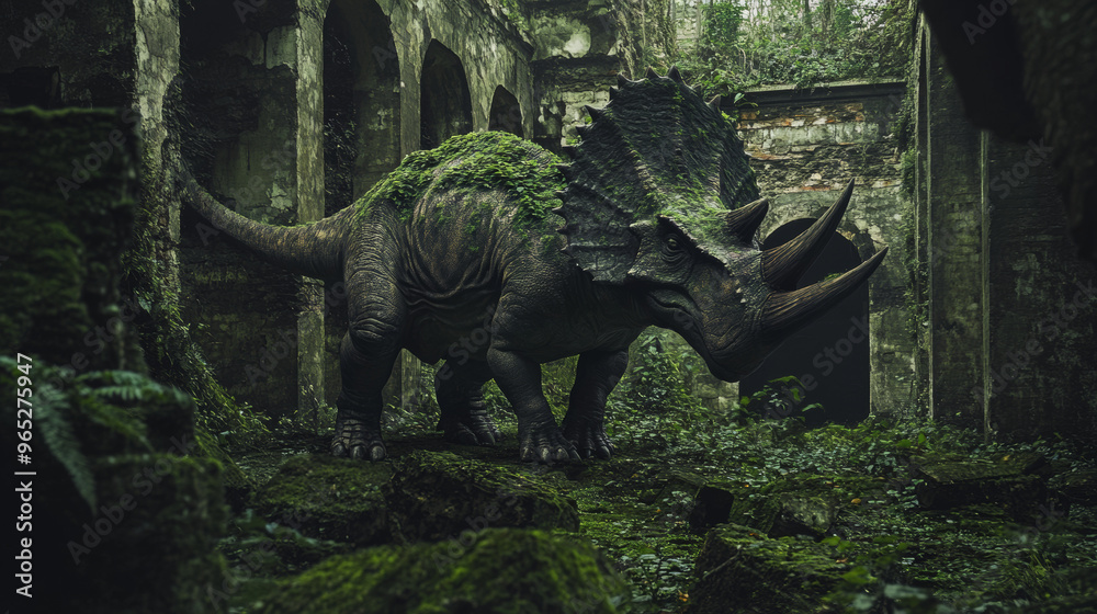 Fototapeta premium Triceratops in Overgrown Ruins: A Prehistoric Encounter