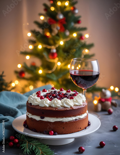 a christmas cake with cream and cranberries, a glass of red wine, and a christmas tree with lightss in the background photo