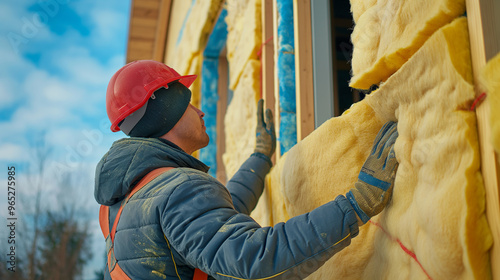 Construction worker insulating house facade with mineral rock wool