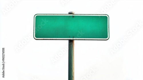 Empty blank green road sign on a sturdy metal pole isolated on white background photo