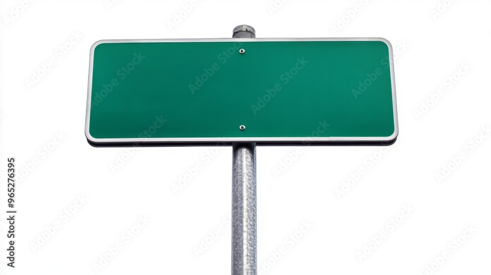Empty blank green road sign on a sturdy metal pole isolated on white background Empty blank green road sign on a sturdy metal pole isolated on white background