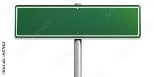 Empty blank green road sign on a sturdy metal pole isolated on white background