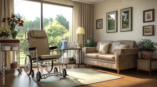 Inviting living room featuring a walker and oxygen tank, symbolizing comfort and support for seniors. photo