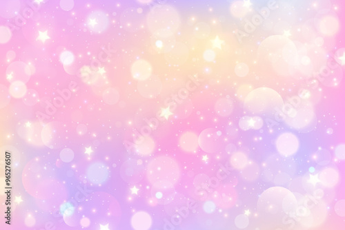 Pink unicorn background with stars and sparkles. Cute rainbow fantasy backdrop with bokeh and glitter. Dreamy sky with watercolor texture. Abstract vector gradient wallpaper