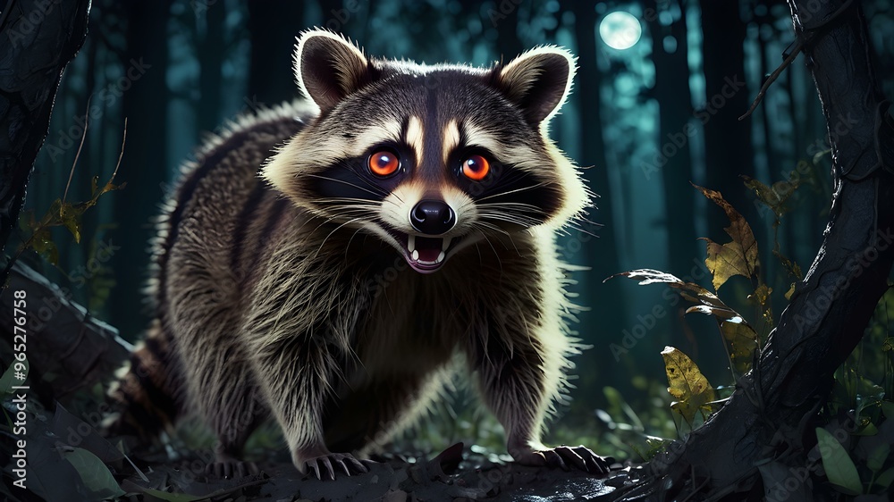 Obraz premium Raccoon with glowing eyes scavenging at night in a moonlit forest