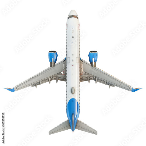 Overhead view of a modern commercial airplane with a blue and white design on a transparent background during daylight