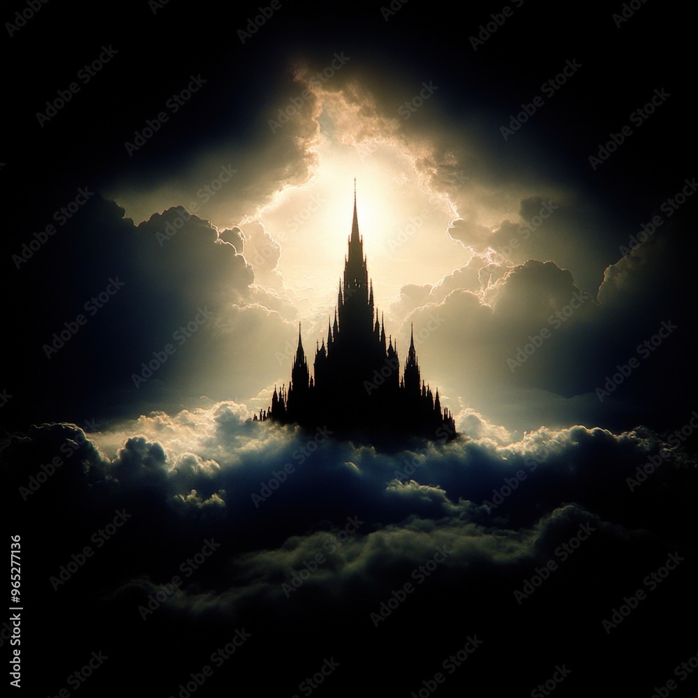 Fototapeta premium Mysterious castle towers above dark clouds illuminated by ethereal light at twilight