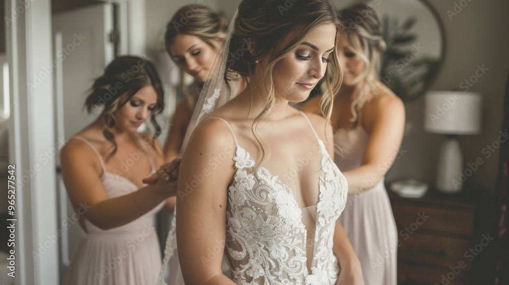 Bridesmaids helping the bride with her dress before the ceremony Bridesmaids helping the bride with her dress before the ceremony