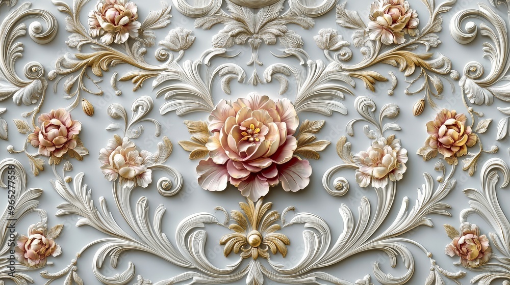 Exquisite 3D illustration showcasing classic botanical patterns on rich wallpaper, suited for elegant home decor. Exquisite 3D illustration showcasing classic botanical patterns on rich wallpaper, suited for elegant home decor.
